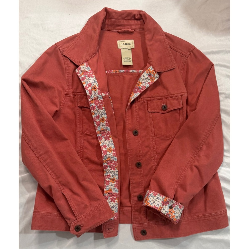 LL Bean Womens Coral Pink Cotton Twill Jacket Floral Trim no size tag see photo